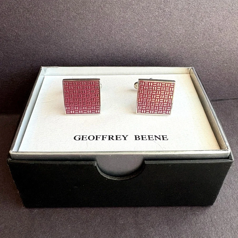Geoffrey Beene Men's Cufflinks Silver & Red Enamel Square‎ Geometric Classic